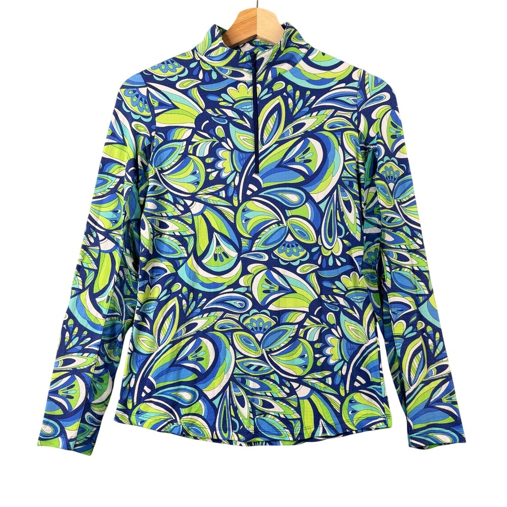 IBKUL Womens XS‎ Mock Neck 1/4 Zip Pullover Blue Green Abstract Floral Sun Shirt